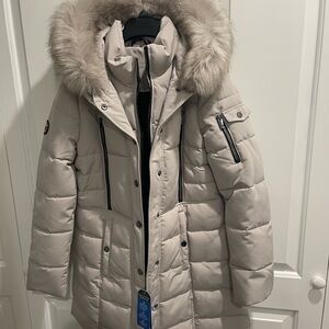 Nautica Sage Women's Cream Puffer Jacket with Fur Trim
